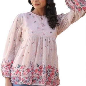 Janasya Women's Peach Georgette Floral Print Flared Top