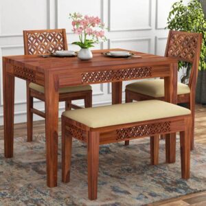 Solid Sheesham Wood Dining Table Set 4 Seater | Four Seater Dining Table 4 Seater with 2 Cushion Chairs & 1 Bench | Honey
