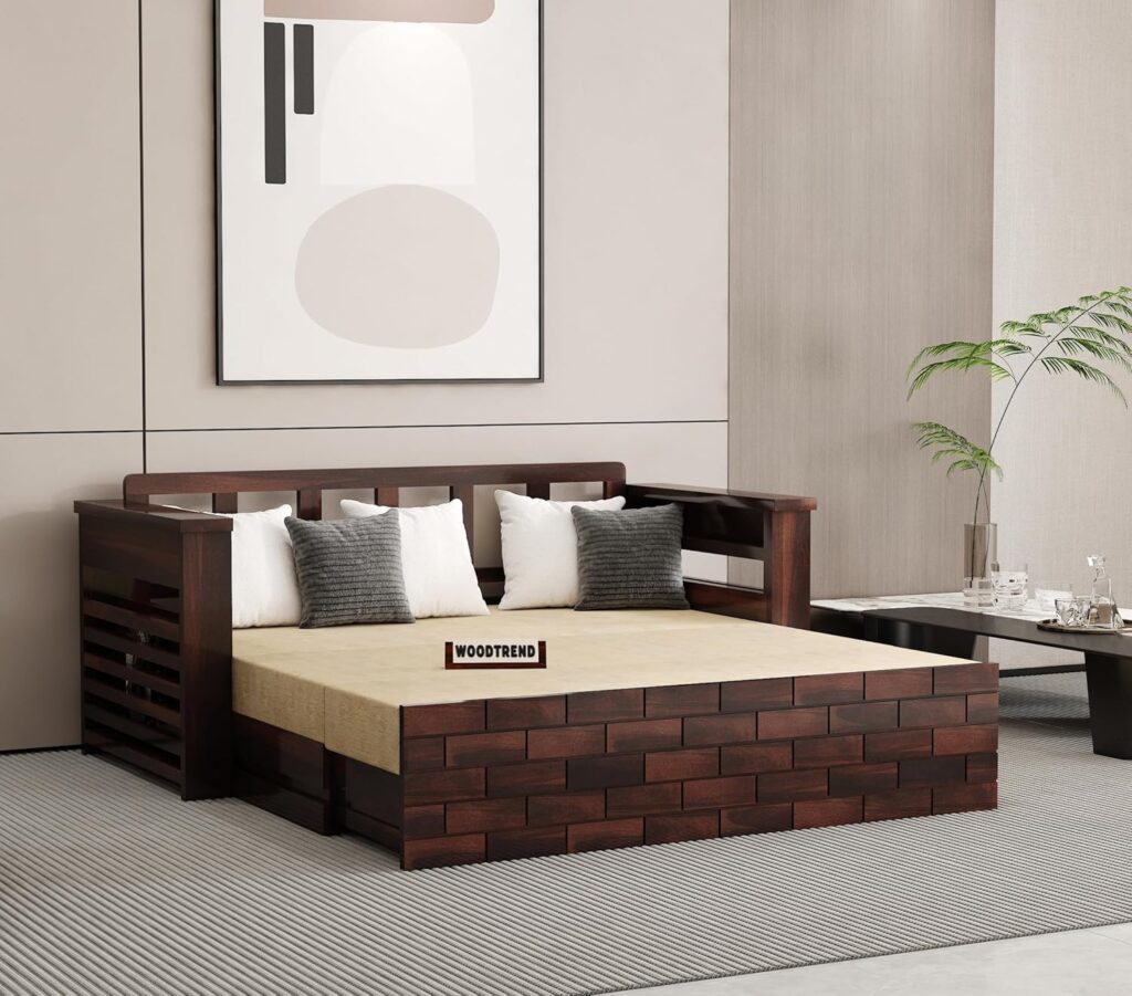 Solid Sheesham Wooden Sofa Cums Bed with Mattresses |Rosewood | (H-Walnut, 3 Seater)