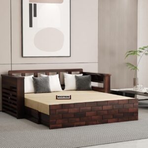 Solid Sheesham Wooden Sofa Cums Bed with Mattresses |Rosewood | (H-Walnut, 3 Seater)